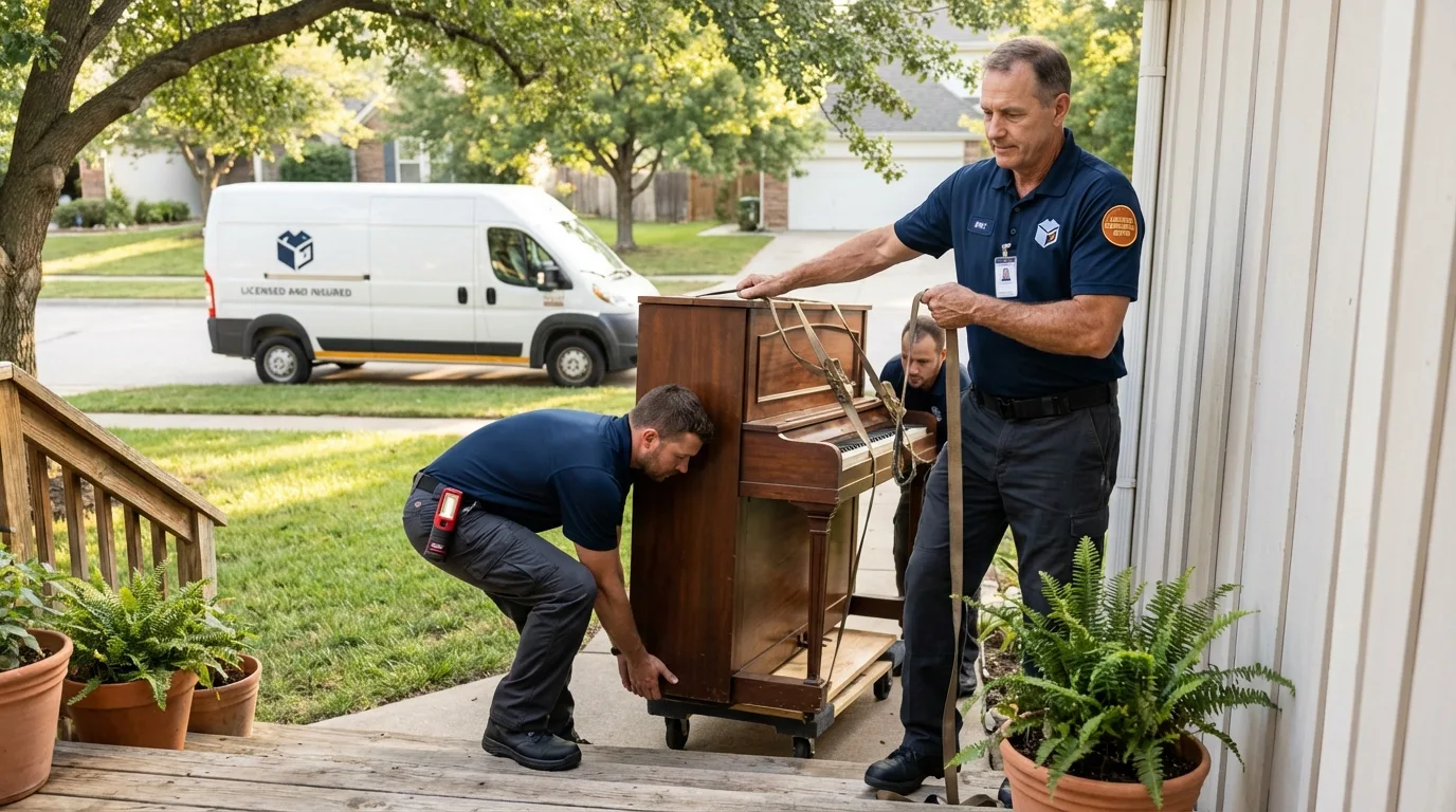 Licensed piano movers securing grand piano in South Hadley, MA