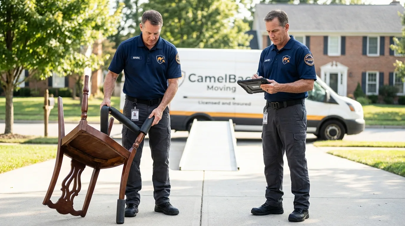 Movers inspecting furniture for damage prevention before loading in South Hadley, MA