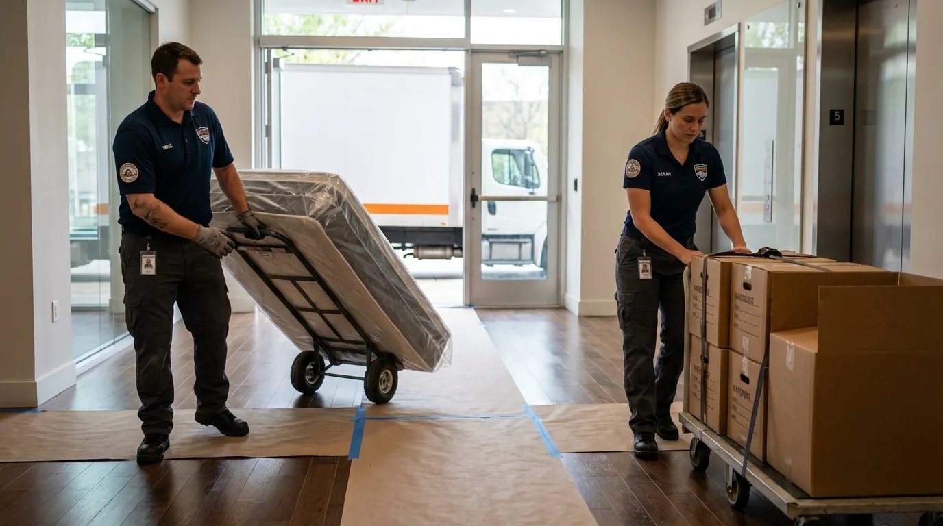 Professional apartment movers loading elevator in South Hadley, MA