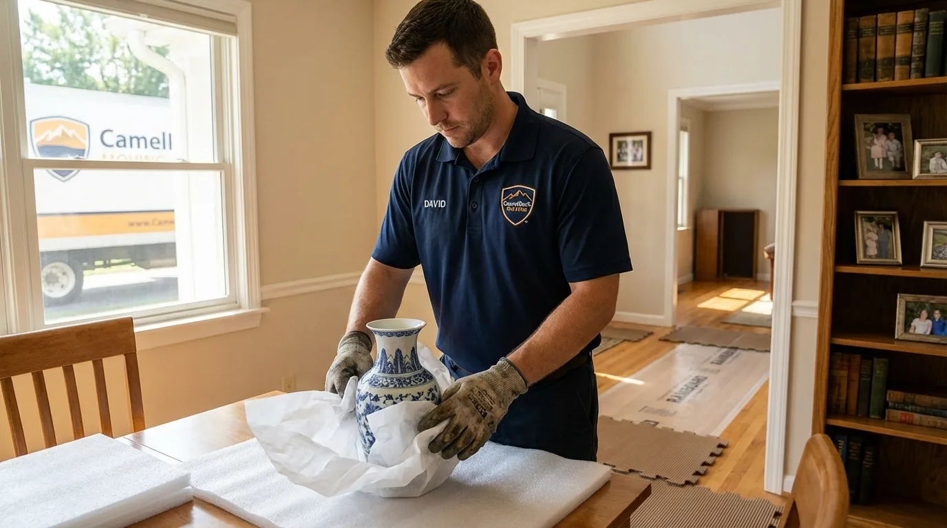 Professional crew carefully wrapping antique vase for senior downsizing move in South Hadley, MA