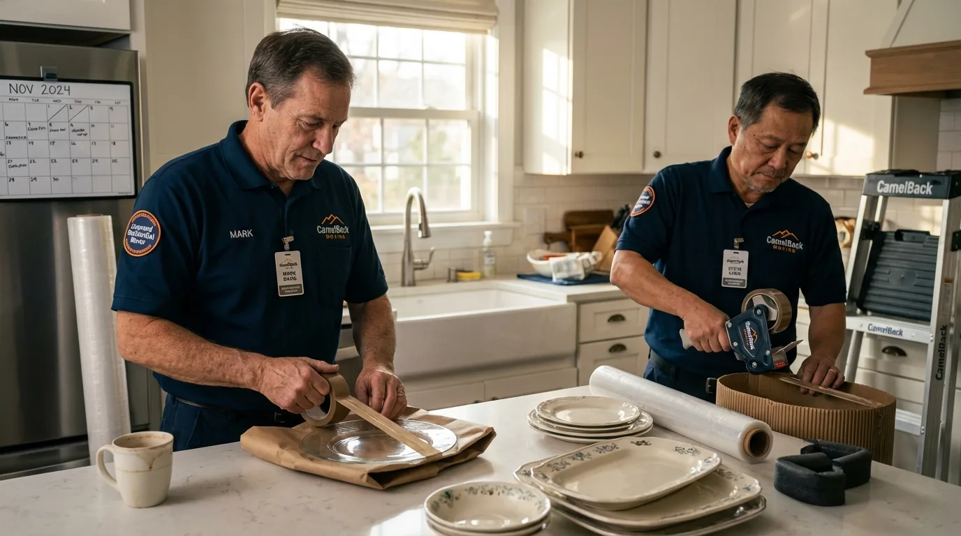 Professional crew packing kitchen dishware in South Hadley, MA